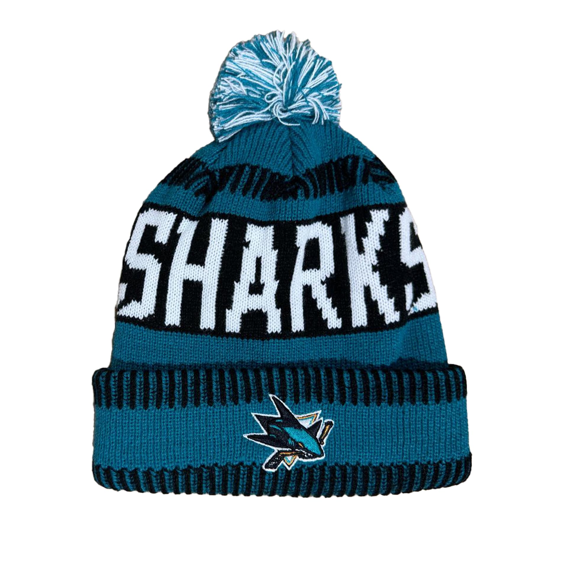Outerstuff Nhl Kids Youth 8-20 One Size Team Color Primary Logo Sports Tech Knit Cold Weather Hockey Pom Beanie Hat - San Jose S