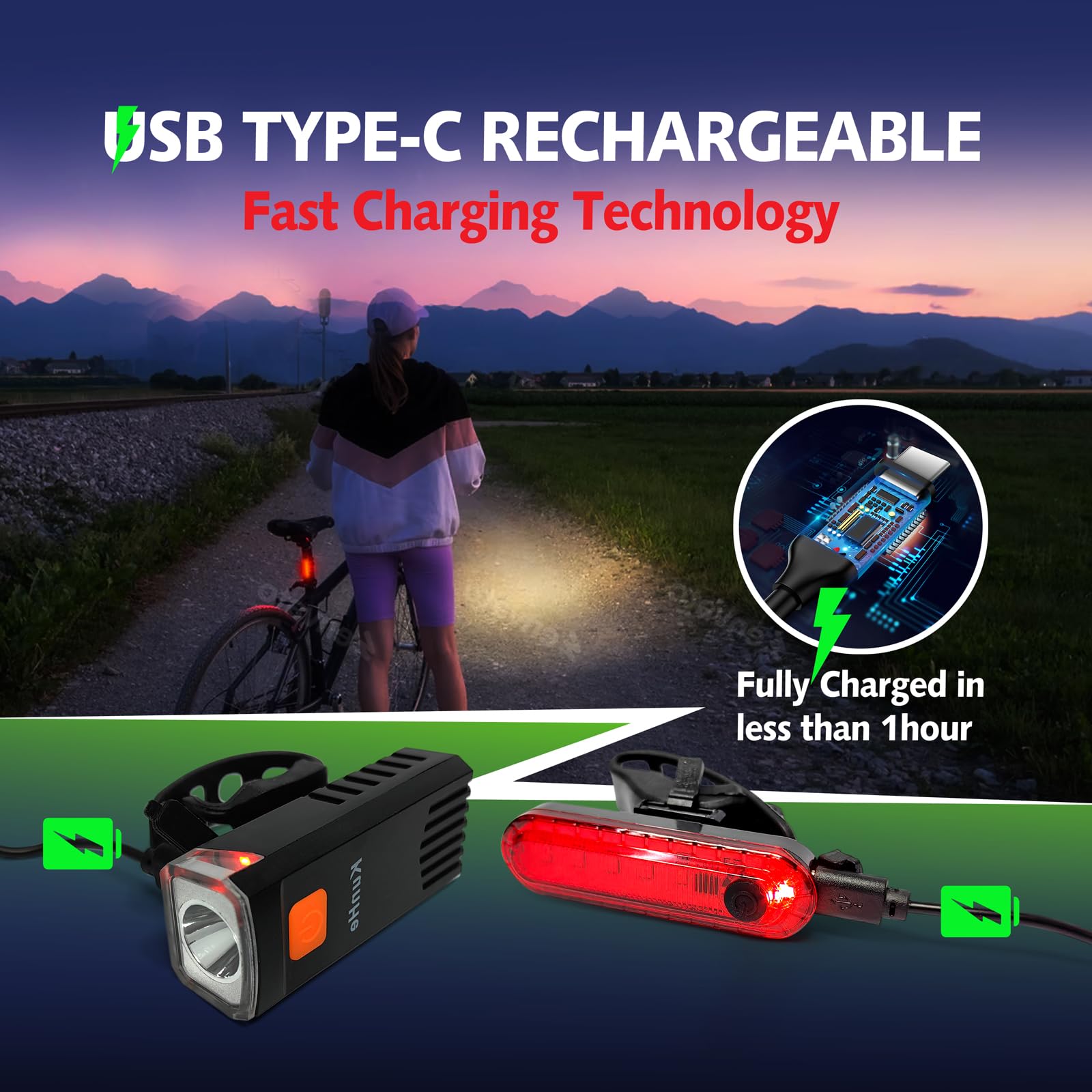 KUNHE 20 Pack USB-C Rechargeable Bike Lights Bulk for Night Riding Men Women & Kids 3 Lights Modes Used as a Safety Indicator Li