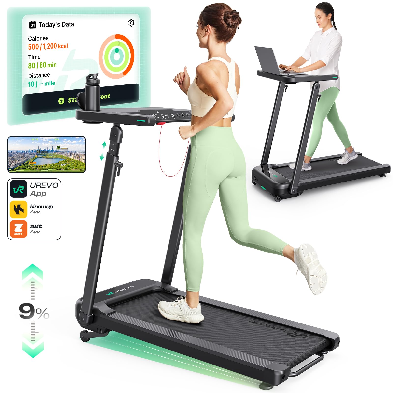 UREVO Smart Treadmill with Height Adjustable Desk Workstation, Compact Foldable Treadmill for Home Office, 9% Auto Incline with 