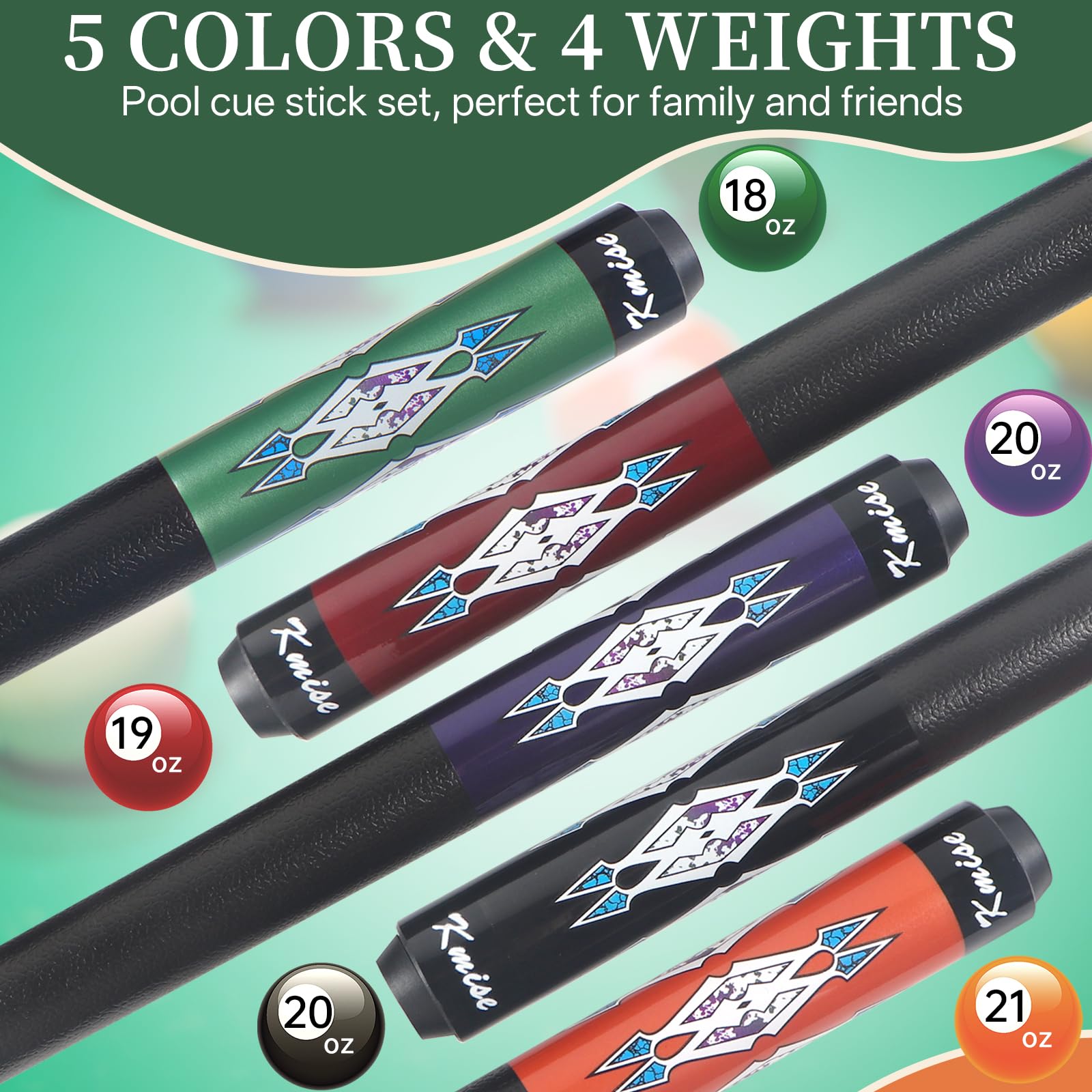 Kmise Pool Stick Set of 5, 58 Inch Pool Cue Stick,Snooker Play Billiard Pool Sticks for Men Professional,17oz 18oz Pool Stick fo