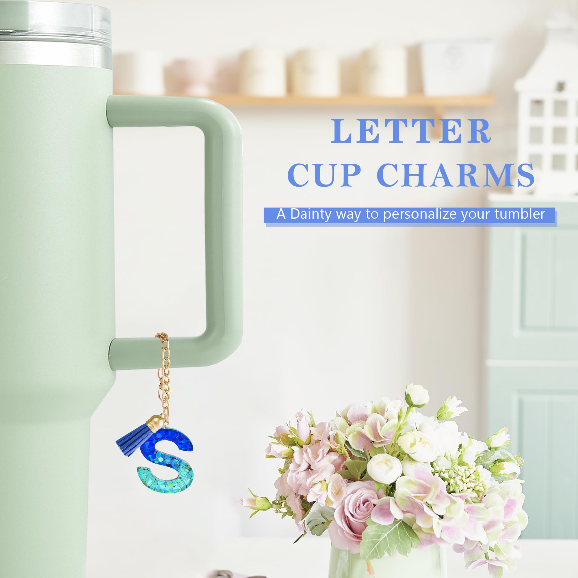 Letter Charm Accessories for Stanley Cup 1 PCS Cute Initial Keychain Handle Charm for Stanley Tumbler for Women Blue Letter S