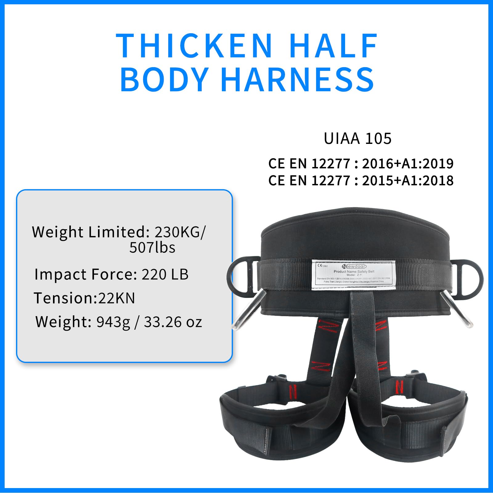 Newdoar Ce Uiaa Certification Thickness Climbing Harness,Wider Half Body Harness For Rock Rappelling Fire Rescuing Tree Climbing