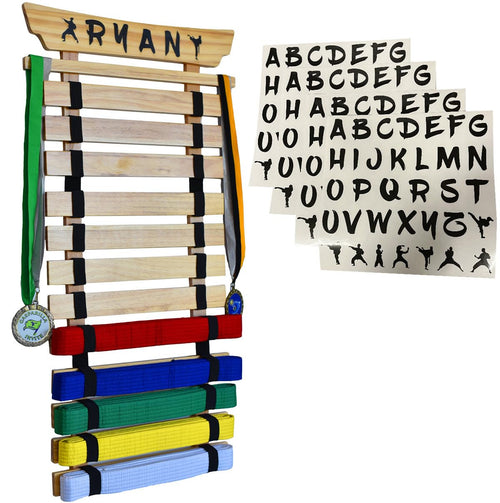 12 Belt Taekwondo Belt Display Rack With Stickers, Pine (12 Belt)