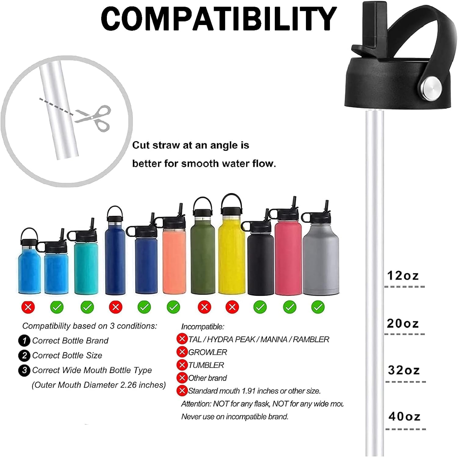 Straw Lid For Hydroflask Wide Mouth, Hydroflask Lids With Straw 12 18 20 32 40 64 Oz, Replacement Straw Cap For Hydroflask, Top