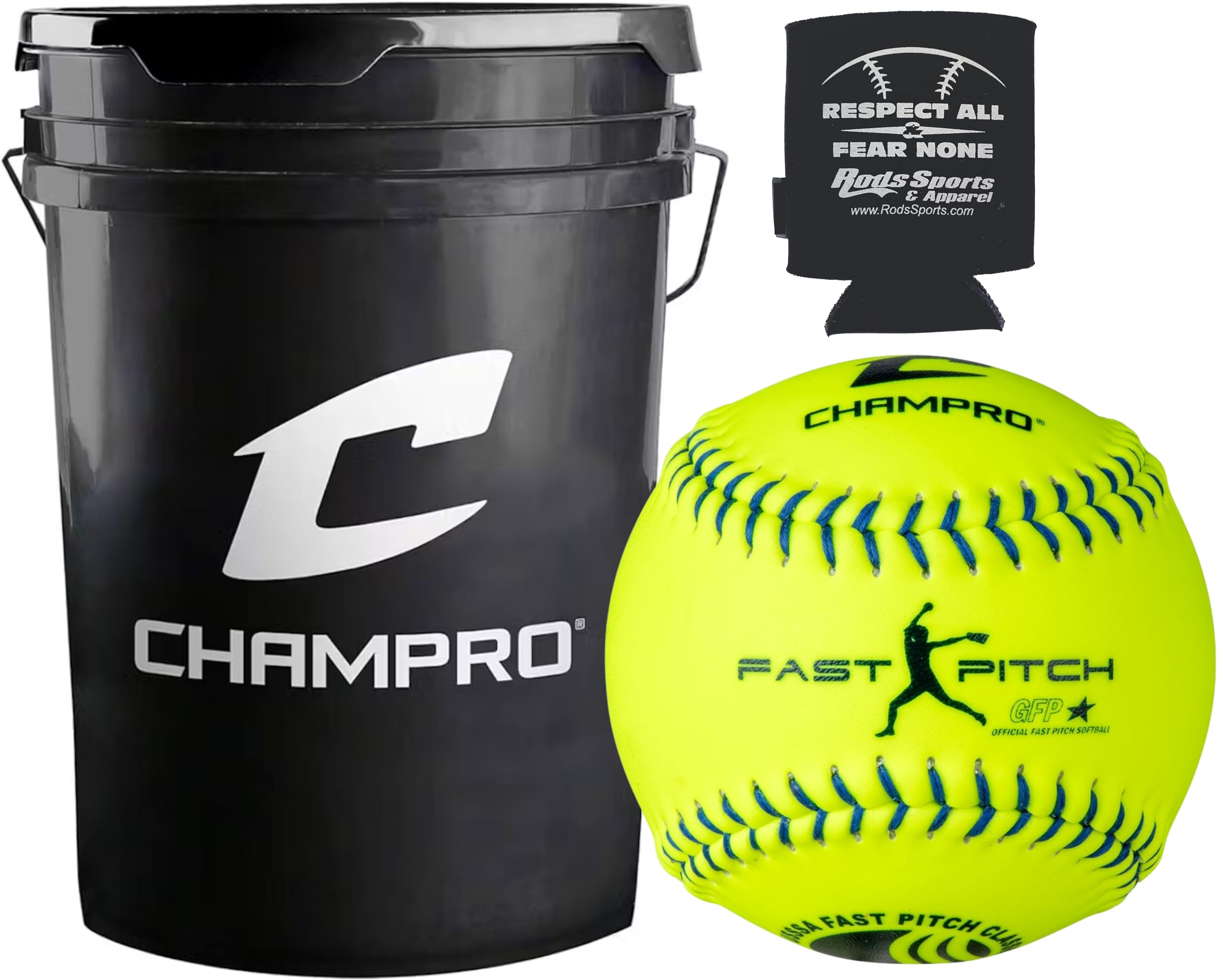 CHAMPRO CSB44 Durahide Cover 12 USSSA Game Softballs in a Black Bucket - 18 Balls and one Rods Can Sleeve Included.