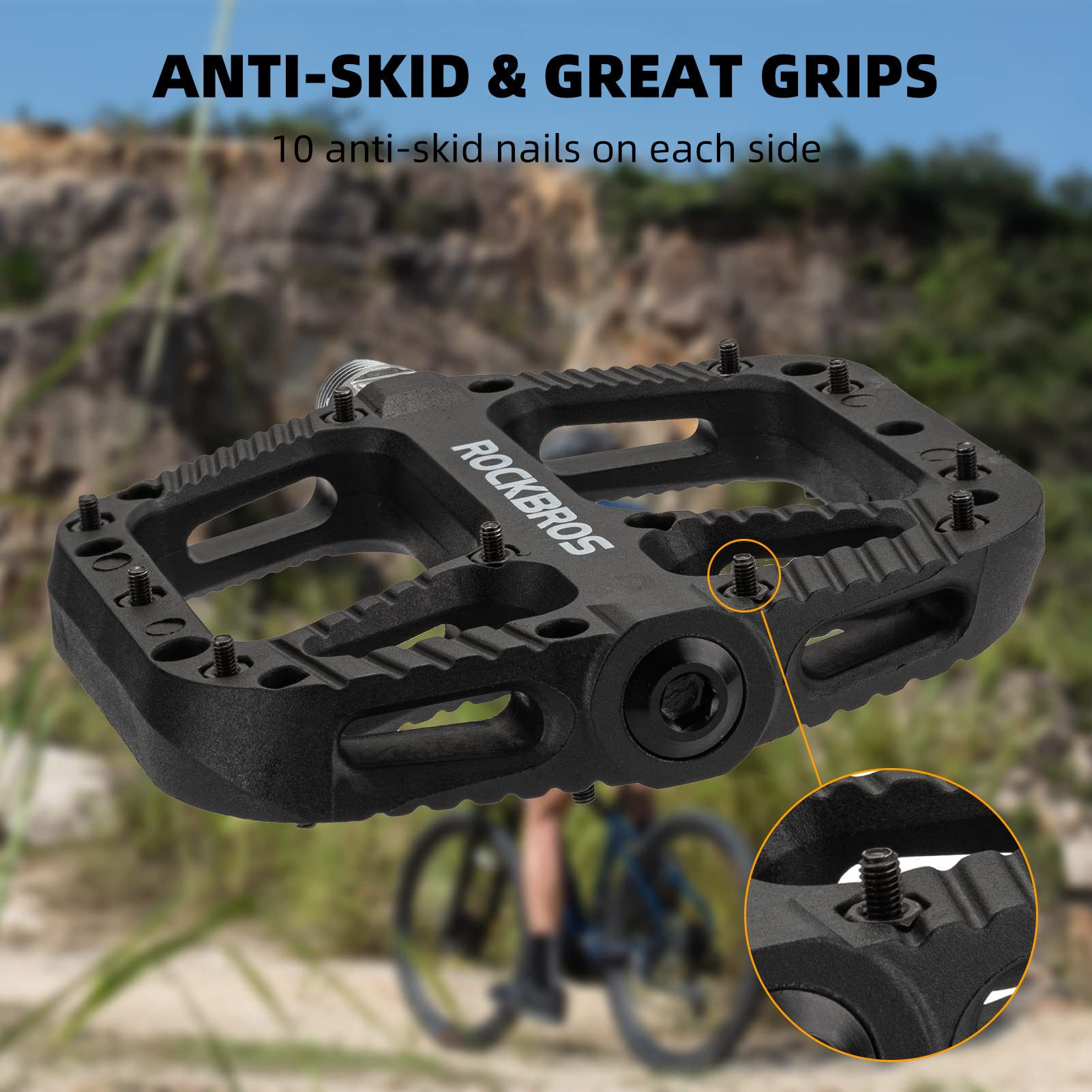 Rock Bros Mountain Bike Pedals Nylon Composite Bearing 9/16'' Mtb Bicycle Pedals With Wide Flat Platform Black