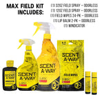 Hunters Specialties Saw Max Odorless Field Kit - 32 Oz Field Spray, 12 Oz Field Spray, 24 Pack Field Wipes, 2 Pack Lip Balm, Win