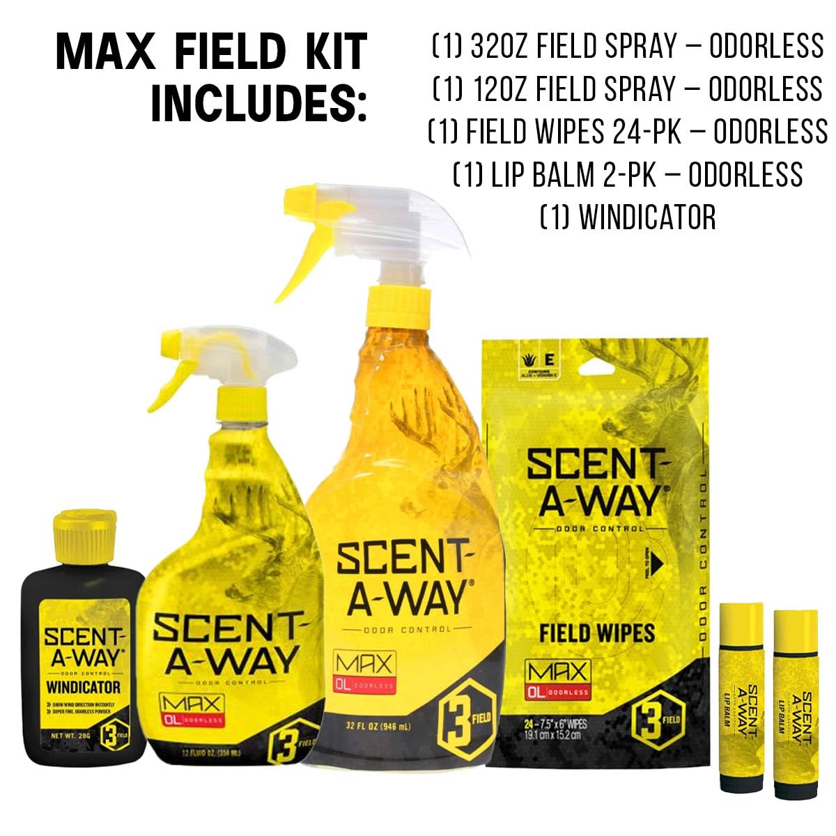 Hunters Specialties Saw Max Odorless Field Kit - 32 Oz Field Spray, 12 Oz Field Spray, 24 Pack Field Wipes, 2 Pack Lip Balm, Win
