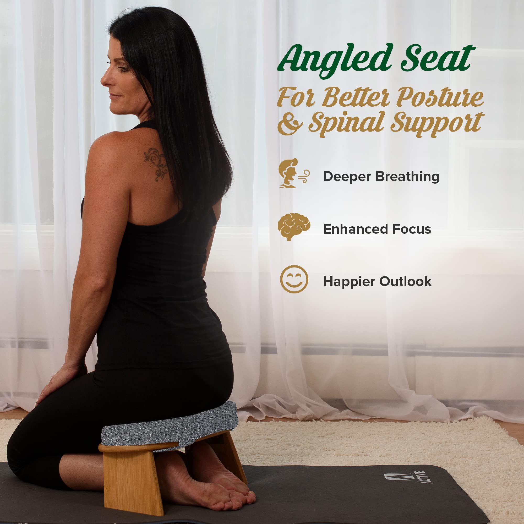 Monk & Llama Meditation Bench - Foldable, Ergonomic, Bamboo Kneeling Stool With Extra Comfortable Cushion - Perfect Seiza Bench