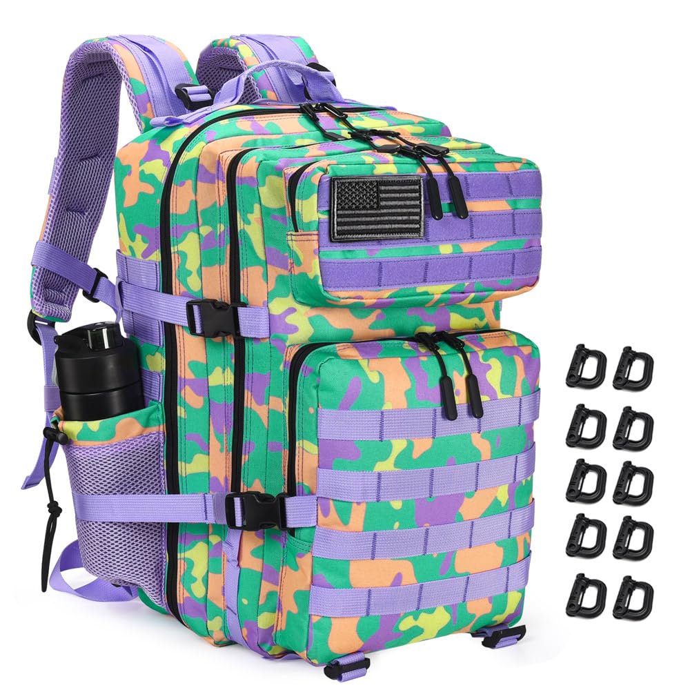 R.SASR Military Tactical Backpack 45L Large Tactical Backpack for Men, Hiking Rucksack With Bottle Holder (Purple, Green, Yellow