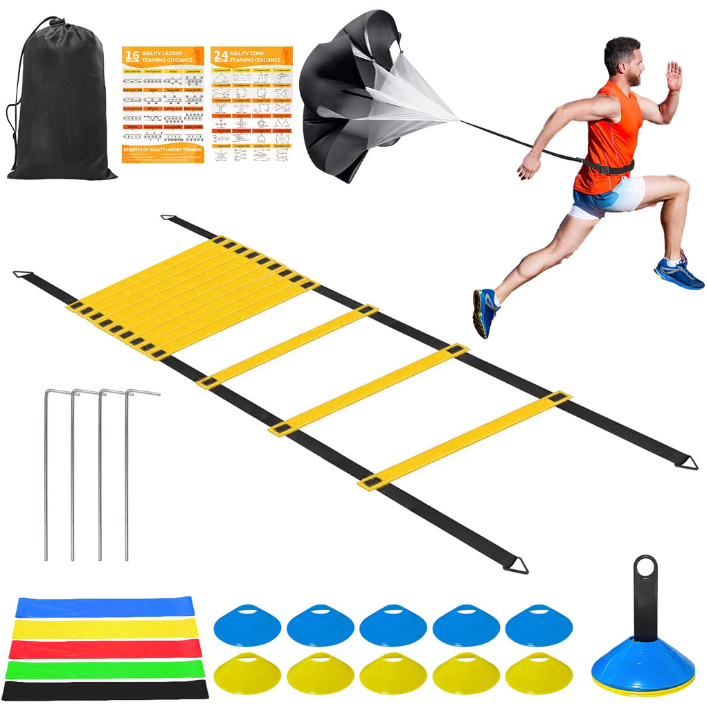 Panykoo Speed Agility Training Equipment Set - 20Ft Agility Ladder, 10 Disc Cones, Resistance Parachute, 5 Resistance Bands & Ca
