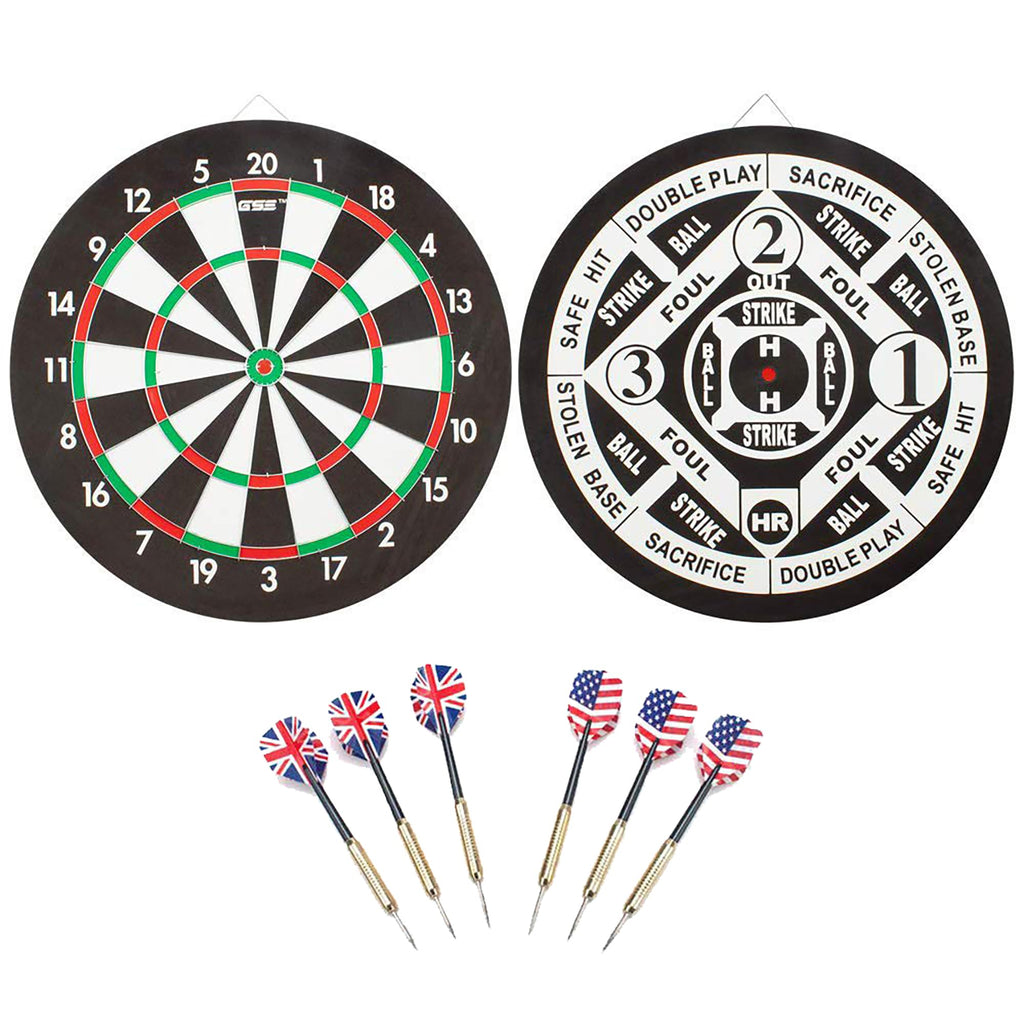 Gse 18'' Dartboard Game Set With Six 17G Steel Tip Darts, 2-In-1 Double Sided Bound Paper Baseball And Dart Board Games Set, Exc