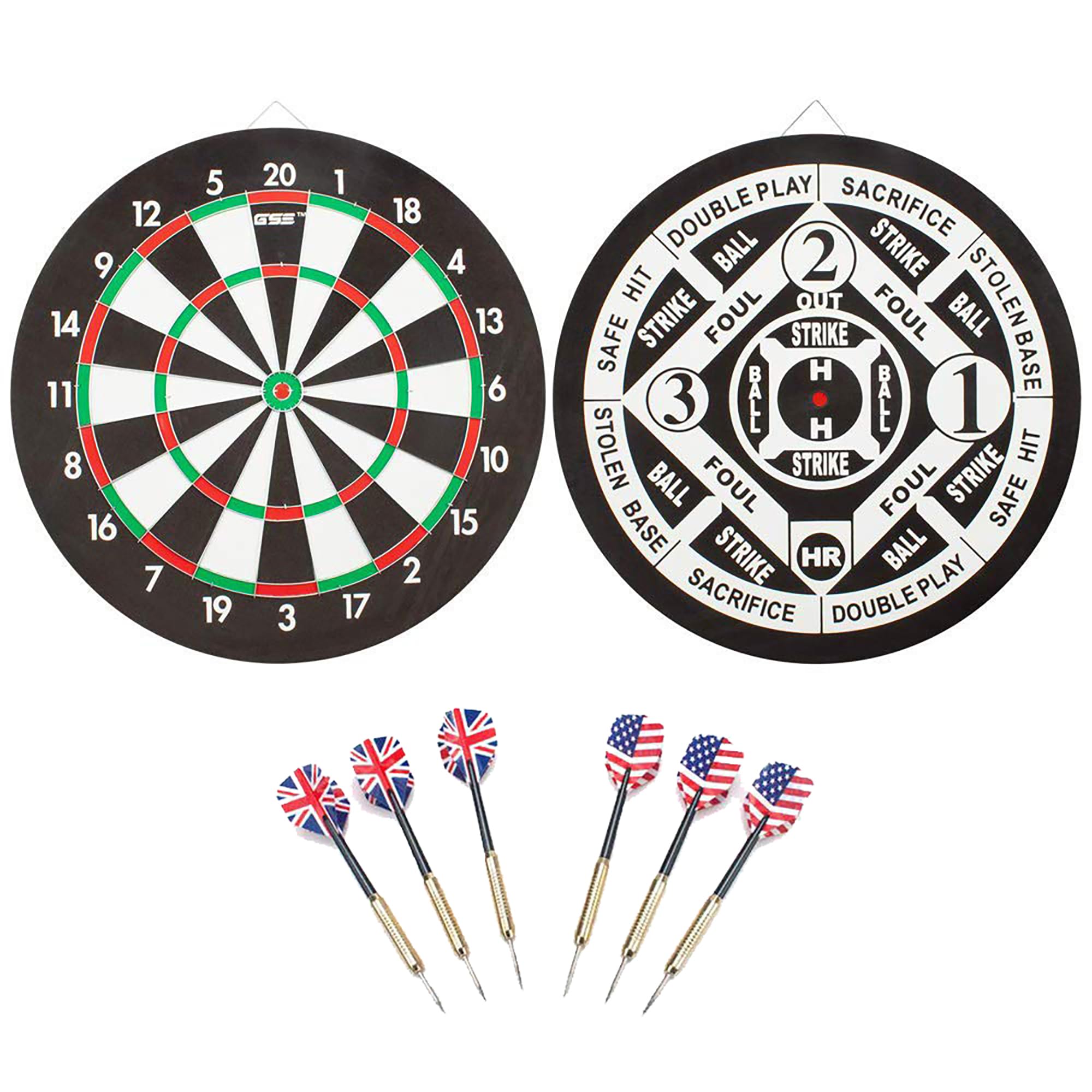 Gse 18'' Dartboard Game Set With Six 17G Steel Tip Darts, 2-In-1 Double Sided Bound Paper Baseball And Dart Board Games Set, Exc