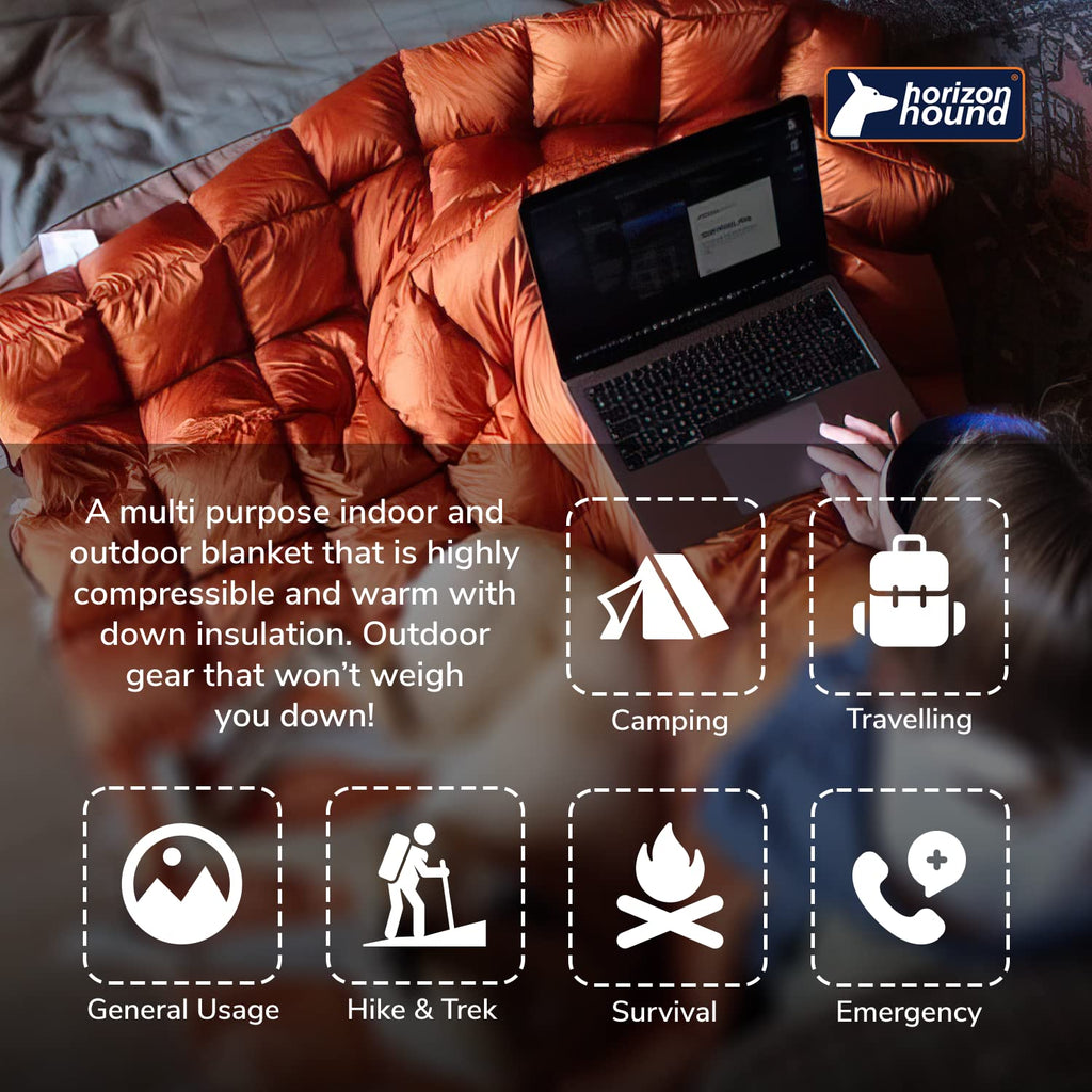 Horizon Hound Down Camping Blanket - Gr-20, Orange Travel Blanket  Sustainable Insulated Down  Lightweight & Warm Quilt For Camp
