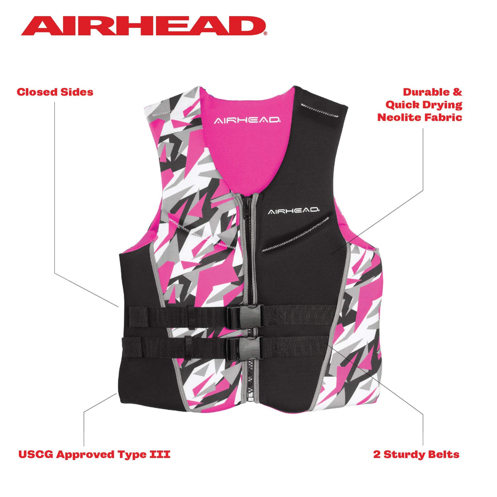 Airhead Womens Camo Cool Neolite Flex Kwik-Dry Life Jacket, Us Coast Guard Approved Pink Small