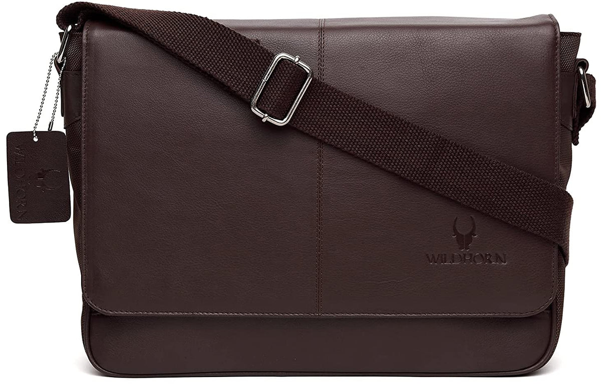 Wildhorn Genuine Leather Messenger Bag For Men  Office Bag With Padded Laptop Compartment (Fits Up To 13.5 Laptops)  Adjustabl