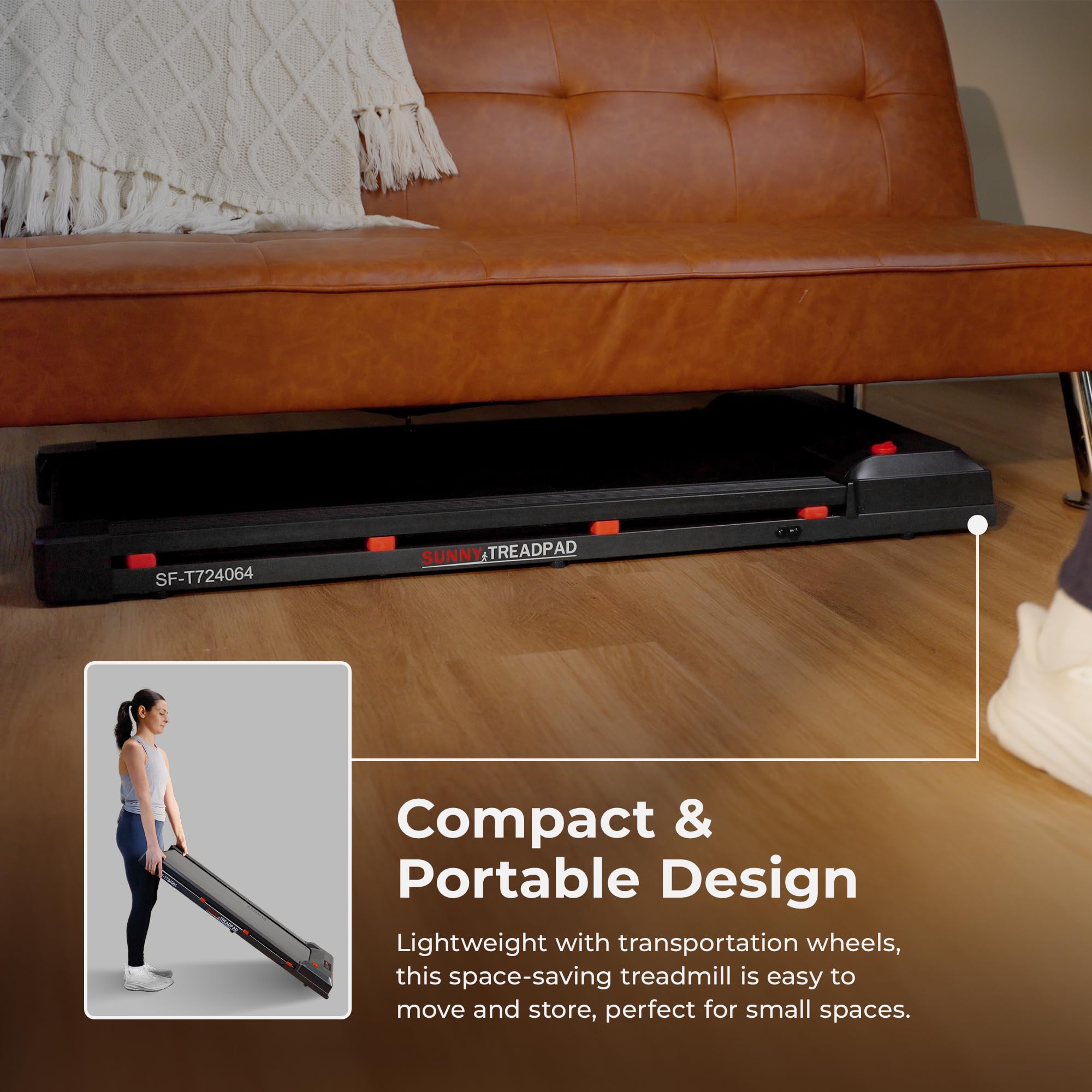 Sunny Health & Fitness Treadpad 100 Smart Walking Treadmill - Compact, Portable, Under Desk, No Assembly, Wifi & Bluetooth Sunny