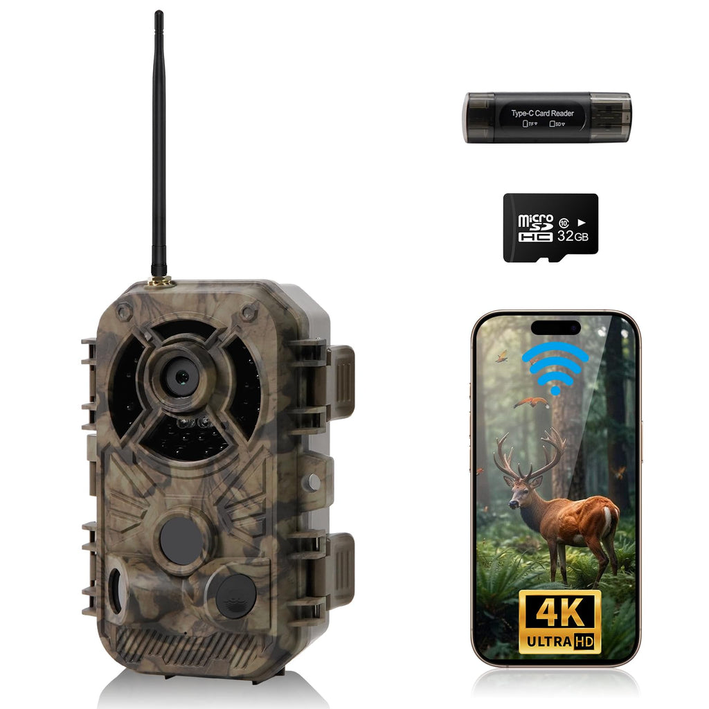Xjwecavi Trail Camera Wifi 4K 48Mp With Night Vision Ip66 Waterproof 0.1S Trigger Speed And Bundled With 32Gb Memory Card, Card