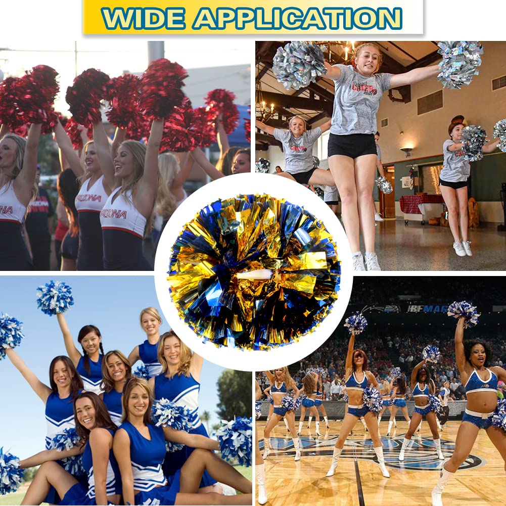 Lovecheer 2Pcs Pom Poms Cheerleading Blue And Gold Metallic Cheer Pom Poms With Baton Handle For Sports Team Spirit Party Cheeri