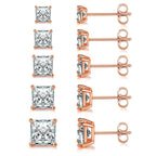 Mdfun 18K Rose Gold Plated Princess Cut Clear Cubic Zirconia Stud Earring Pack Of 5 Pairs