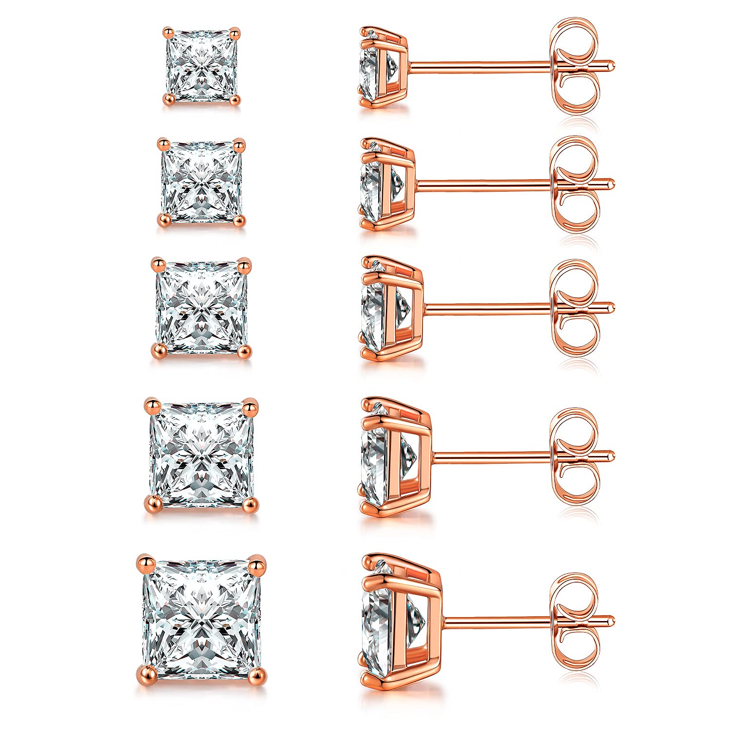 Mdfun 18K Rose Gold Plated Princess Cut Clear Cubic Zirconia Stud Earring Pack Of 5 Pairs