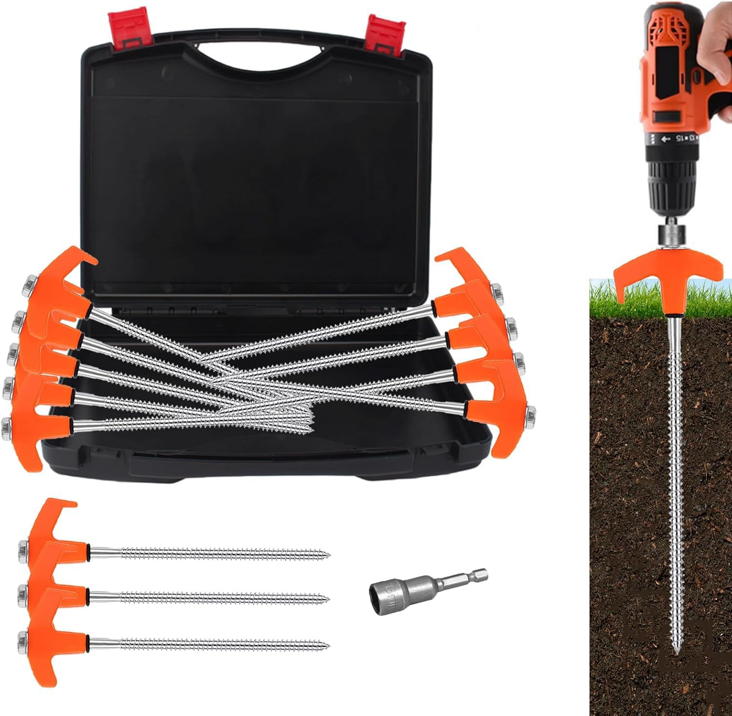 8 Tent Stakes Heavy Duty 12 Pack, Screw In Tent Stakes, Metal Threaded Camping Stakes, Ground Anchors For Canopies, Gardening An