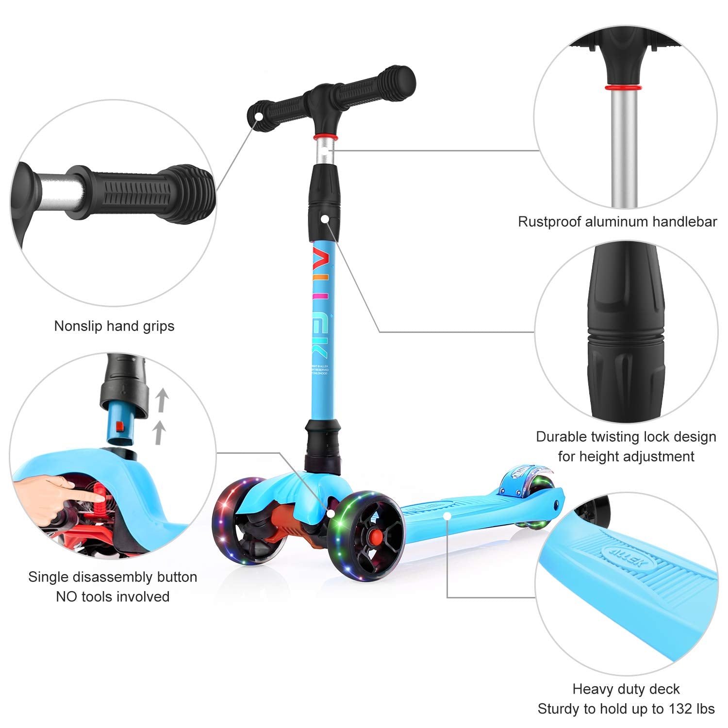 Allek Kick Scooter B02, Lean N Glide Scooter with Extra Wide PU Light-Up Wheels and 4 Adjustable Heights for Children from 3-12