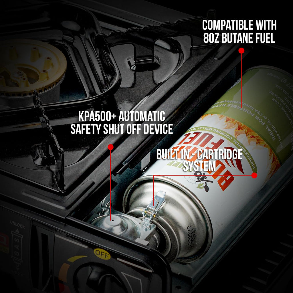 Jo Chef Butane Camping Stove - 9,500 Btu Portable Gas Stove For Camping/Road Trips With Windshield, Csa Certified, Brass Burner,