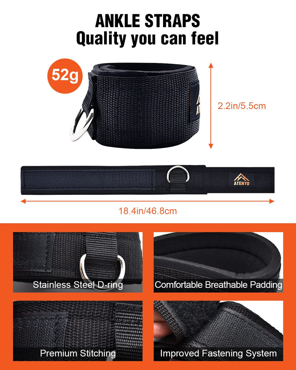 Atento 2 Pairs Ankle Strap For Cable Machine, Comfortable Padded Ankle Wrist Cuffs For Kickbacks, Glutes Workout & Lower Body Ex