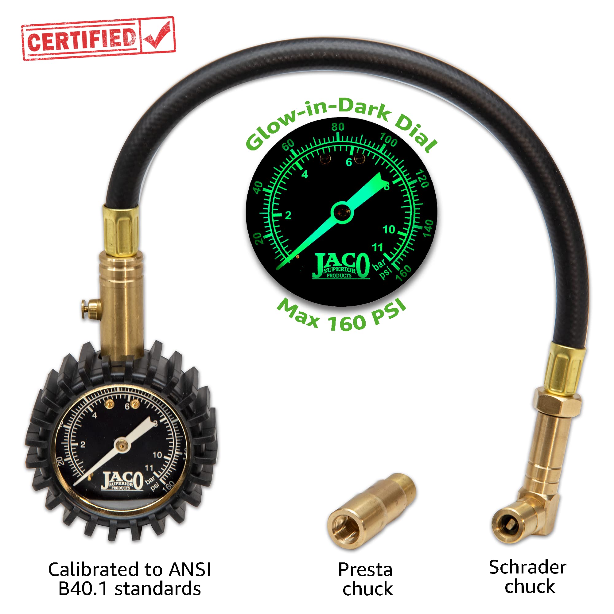 Jaco Bikepro Bike Tire Pressure Gauge - 160 Psi (Road Bike & Bmx Series) | Presta + Schrader Air Chucks
