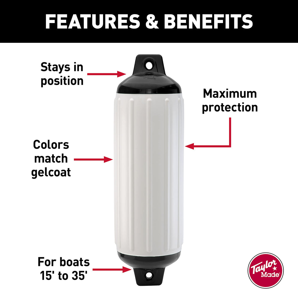 Taylor Made Super Gard Boat Fender, White (10.5'' X 30'') Double-Molded Ends, Ribbed Technology To Minimize Roll, Rubber Footbal