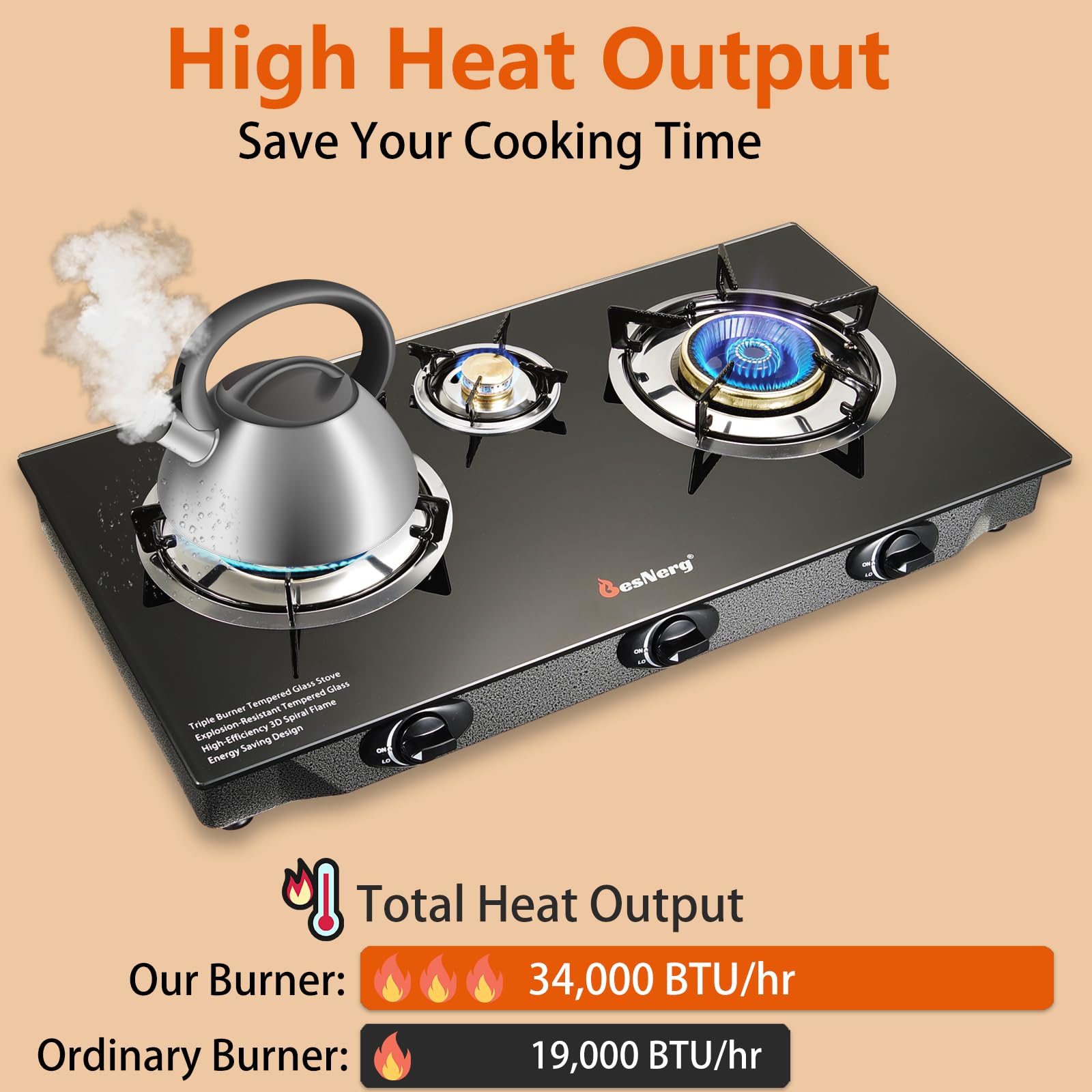 Besnerg Propane Stove 3 Burner Gas Stove, 34000 Btu High-Efficiency Auto Ignition Tempered Glass Lpg Cooktop With Csa Regulator