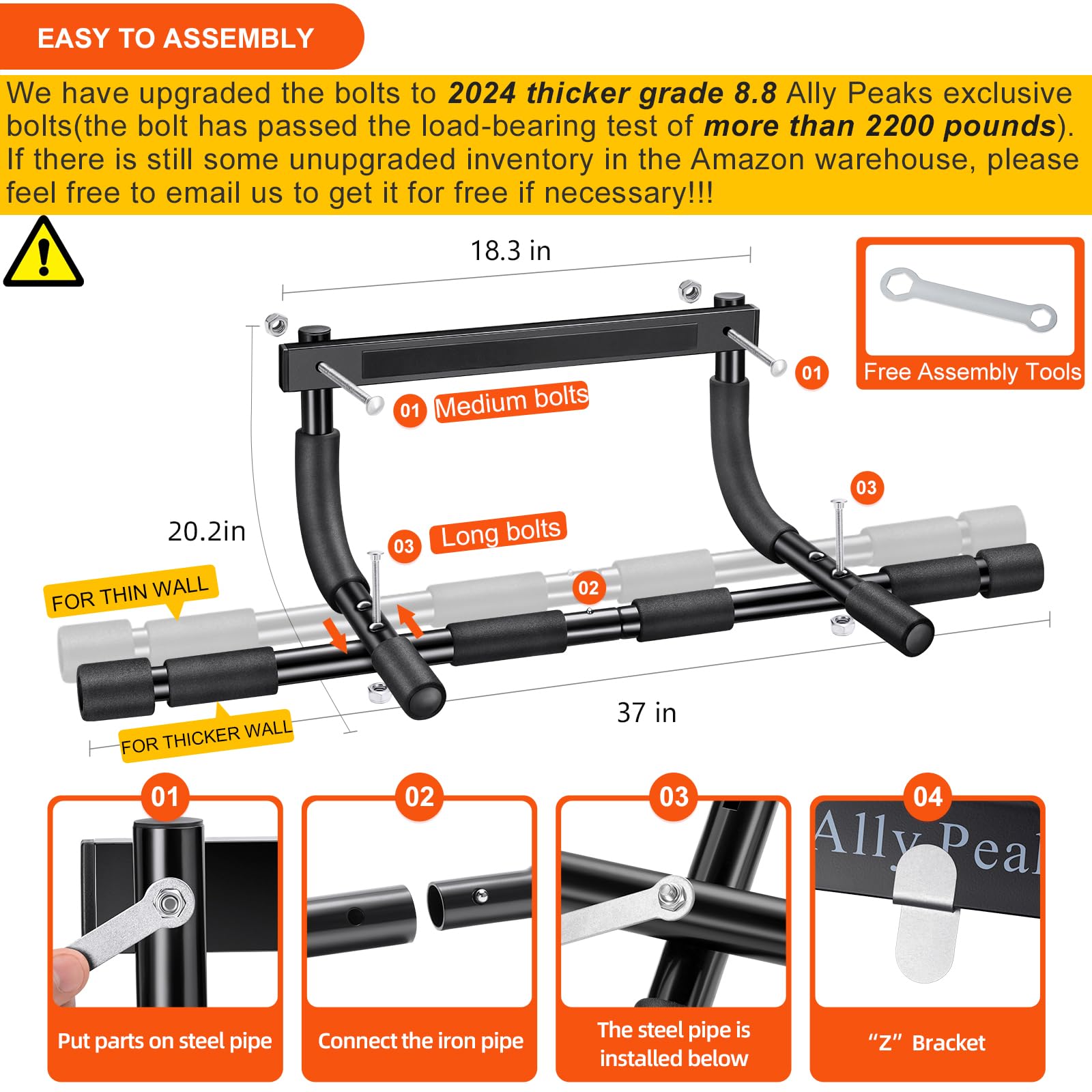 Ally Peaks Pull Up Bar For Doorway | Thickened Steel Max Limit 440 Lbs Upper Body Workout| Multi-Grip Strength| Indoor Chin-Up B