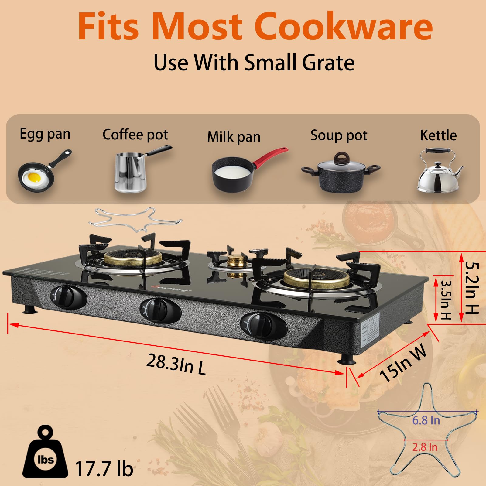 Besnerg Propane Stove 3 Burner Gas Stove, 34000 Btu High-Efficiency Auto Ignition Tempered Glass Lpg Cooktop With Csa Regulator