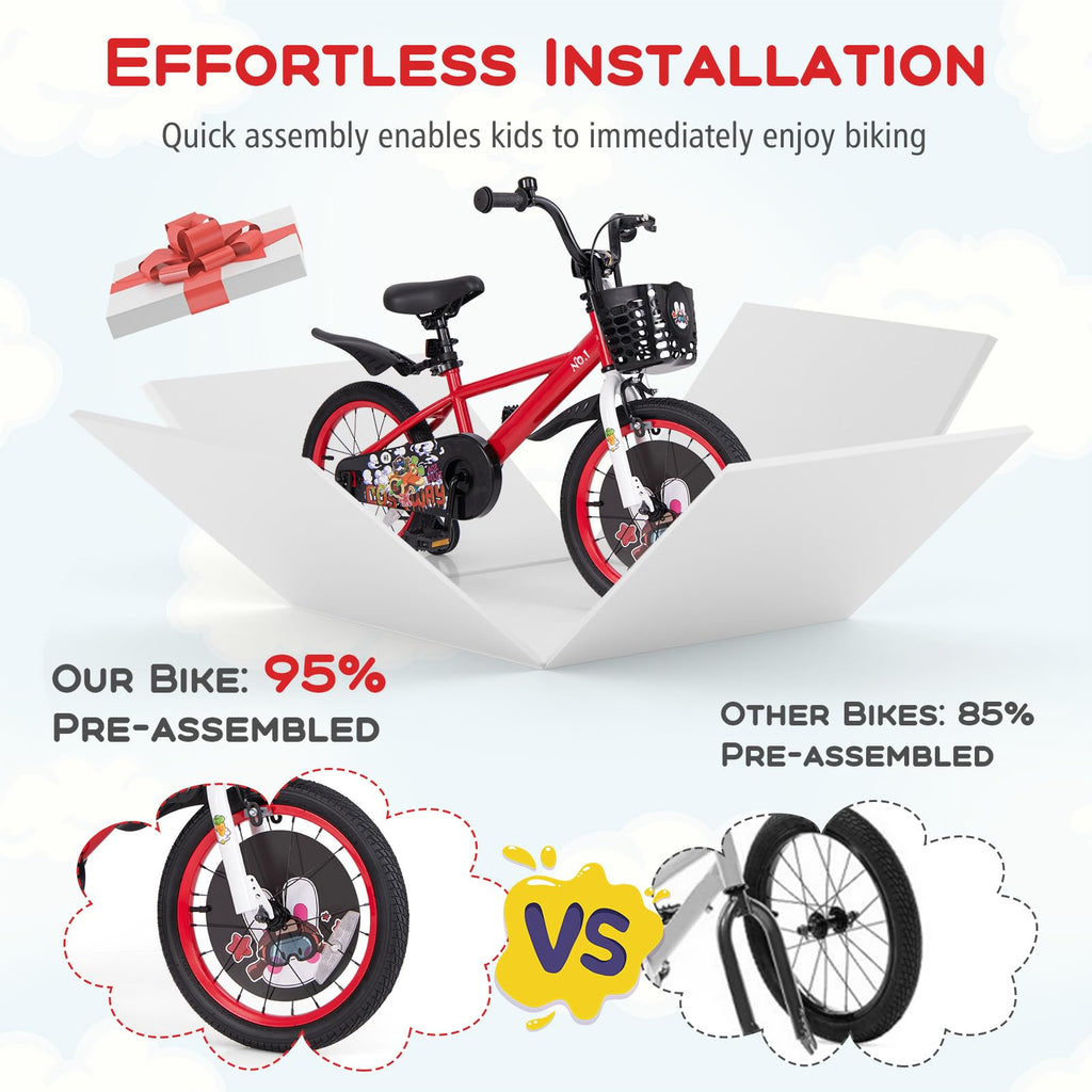 BABY JOY Kids Bike, 16 Inches Child Bike for 4-7 Years Old with Adjustable Height, Training Wheels, Storage Basket, Handbrake &