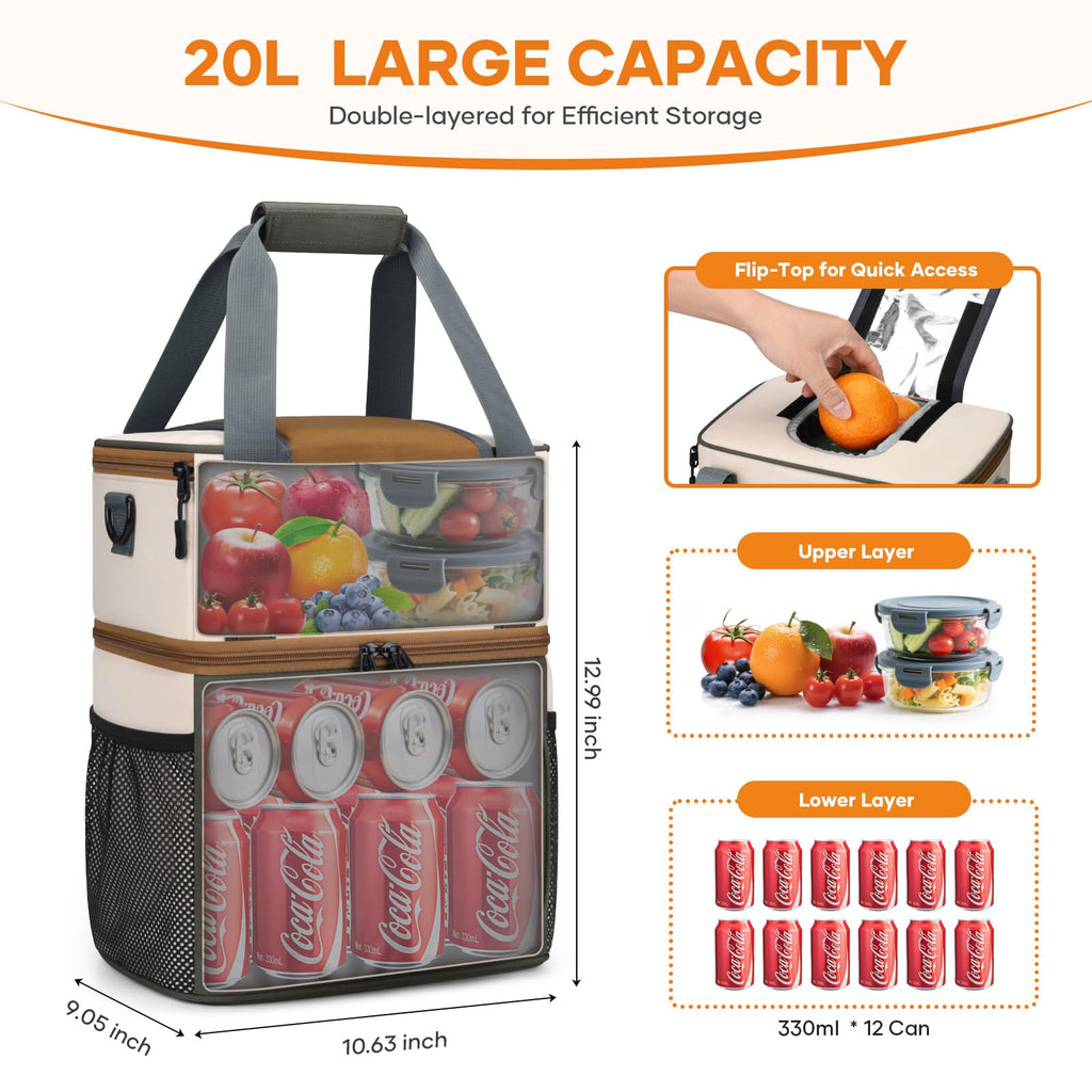 Maelstrom Lunch Box For Women, 20L Insulated Lunch Bag Men, Leakproof Double Deck Cooler Bag, Soft Lunch Cooler With Quick Acces