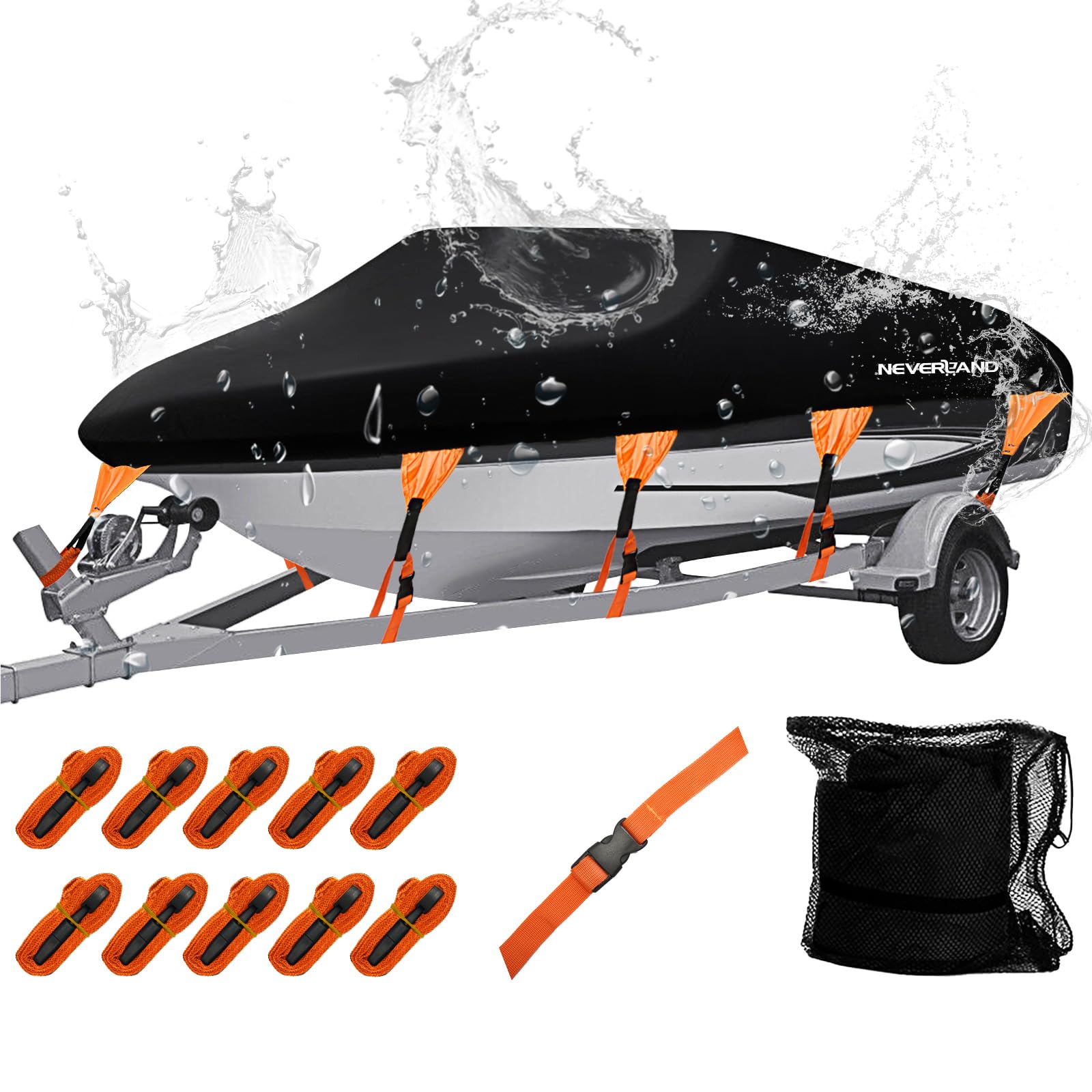 NEVERLAND Waterproof Boat Cover Trailerable - Heavy Duty Marine Grade Polyester Canvas Boat Cover Fits V Shape/V-Hull and Tri-Hu