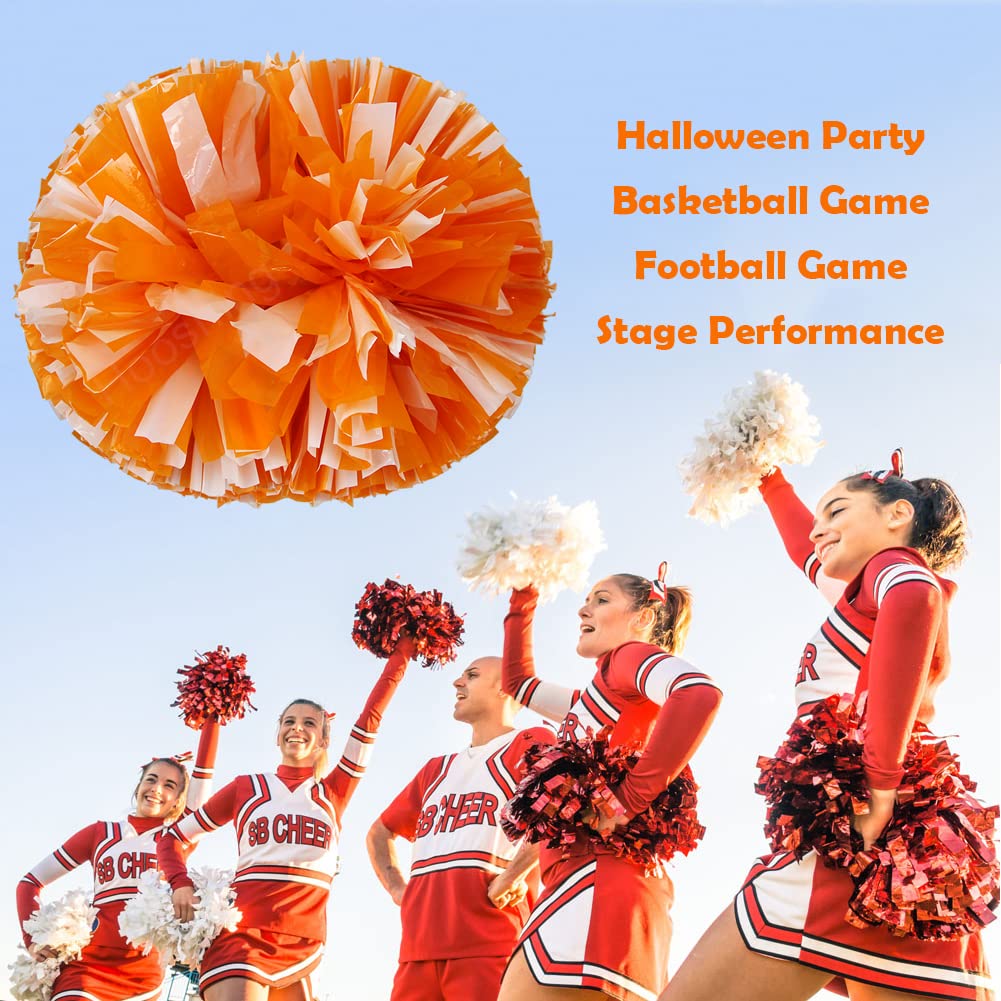 Hooshing 2Pcs Pom Poms Cheerleading Orange And White Pompoms With Baton Handle For Team Spirit Sports Dance Cheering Girls Kids