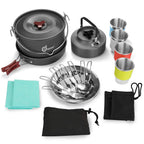 Odoland 22Pcs Camping Cookware Mess Kit, Large Size Hanging Pot Pan Kettle With Base Cook Set For 4, Cups Dishes Forks Spoons Ki