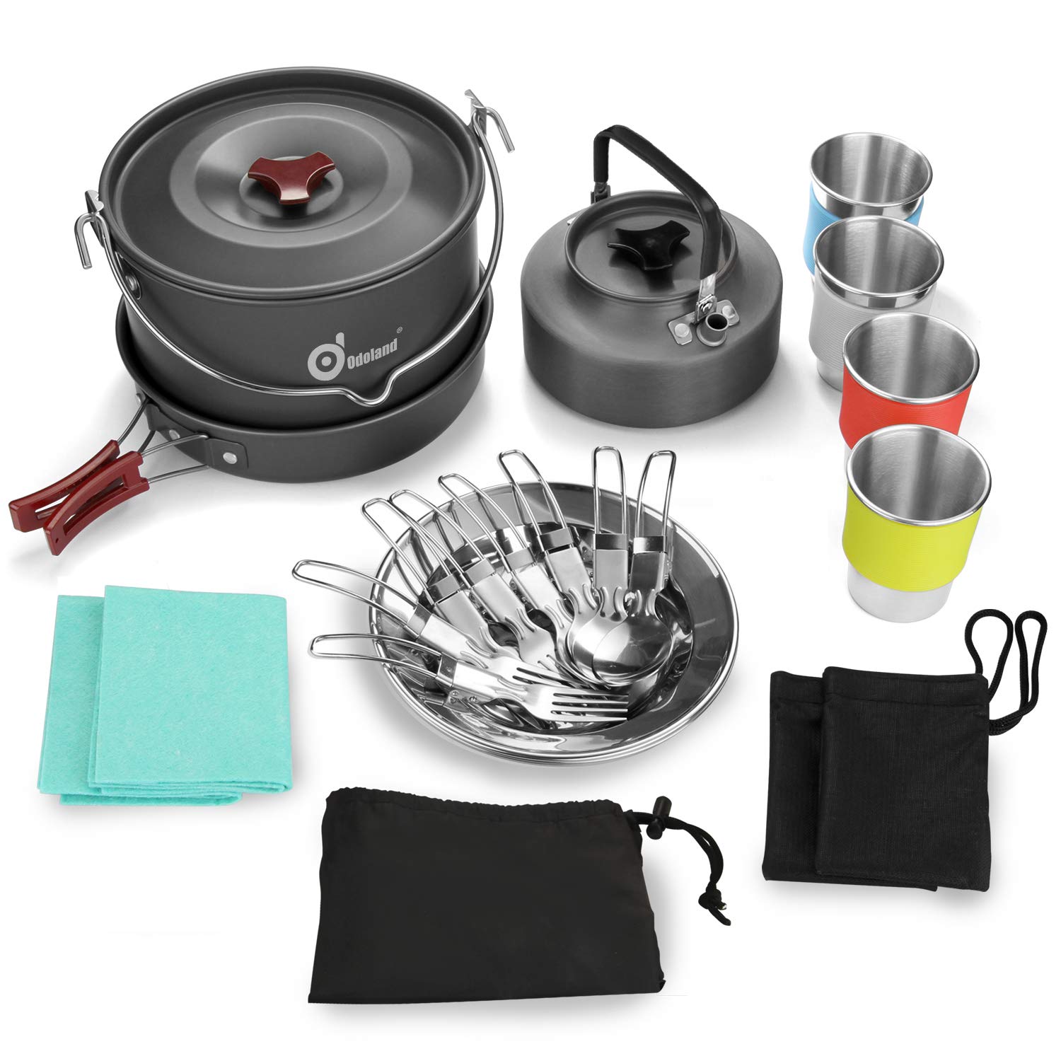 Odoland 22Pcs Camping Cookware Mess Kit, Large Size Hanging Pot Pan Kettle With Base Cook Set For 4, Cups Dishes Forks Spoons Ki