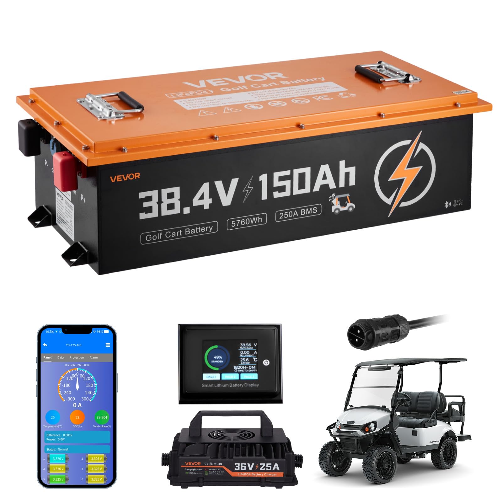 VEVOR 36V (38.4V) 150AH Lithium Golf Cart Battery, with 25A Charger, Lifepo4 Battery Kit, Built-in 250A BMS, with Bluetooth Mobi