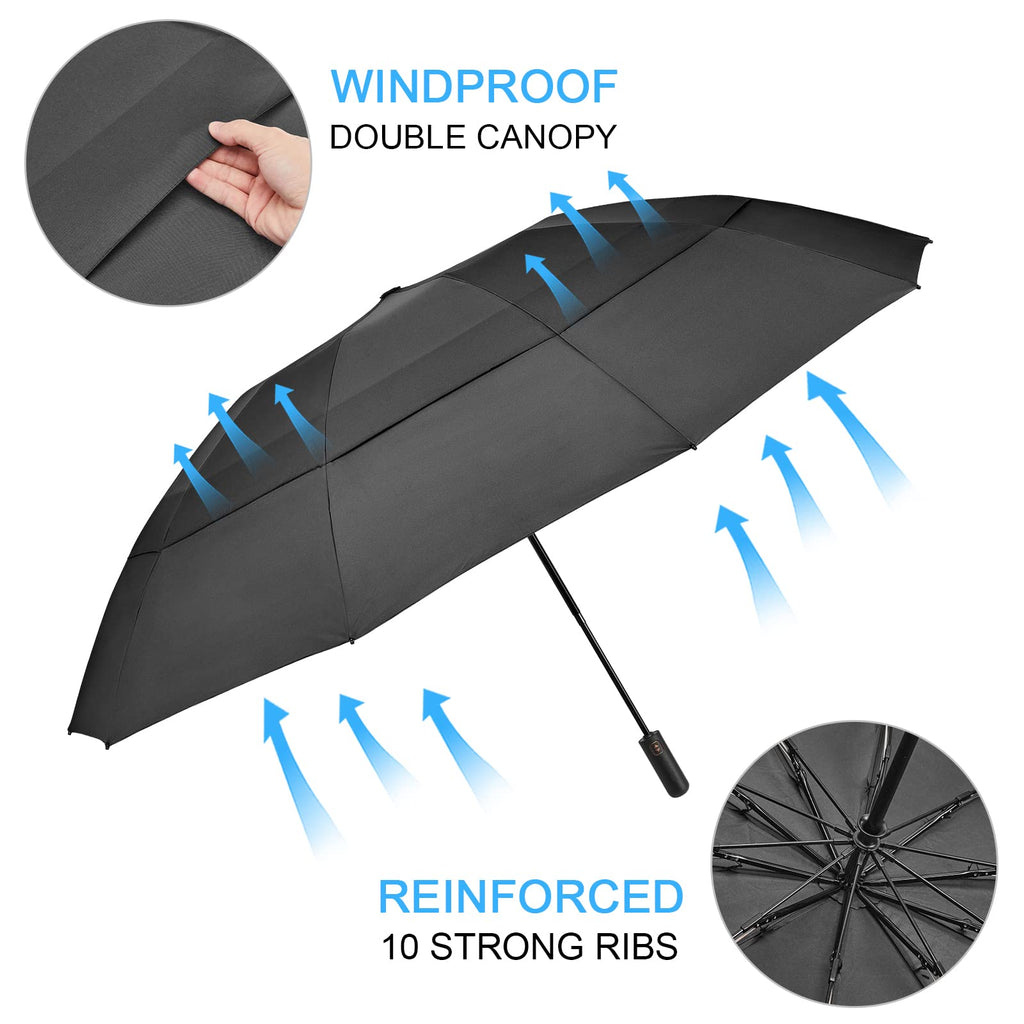 G4Free 54 Inch Large Compact Golf Umbrella Windproof 10 Ribs Reverse Travel Umbrella For Rain Double Canopy Vented Umbrella Auto