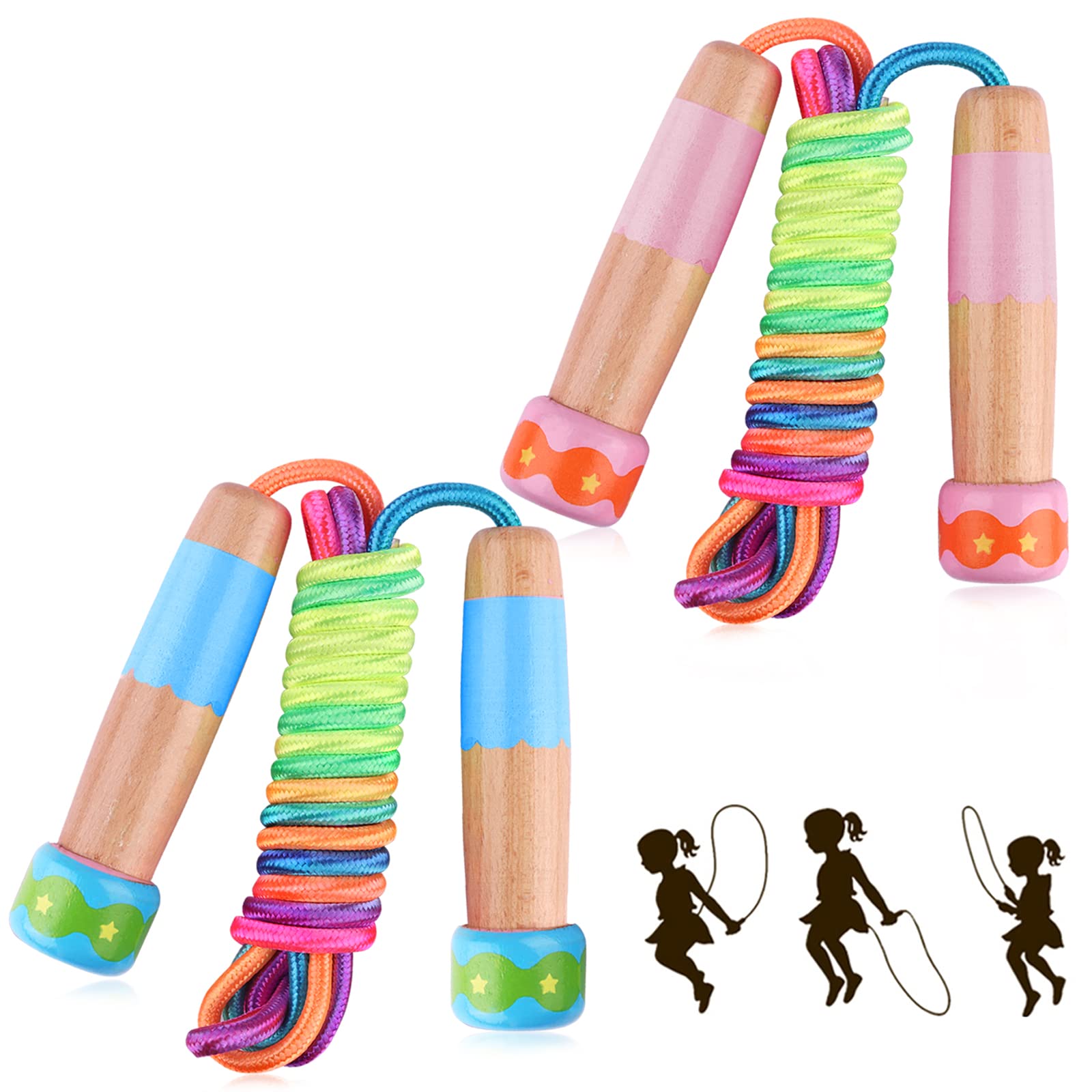 2 Pcs Jump Rope For Kids Adjustable, Lorvain Rainbow Skipping Rope, Kids Jump Ropes With Wooden Handle For Girls Boys, Weighted 