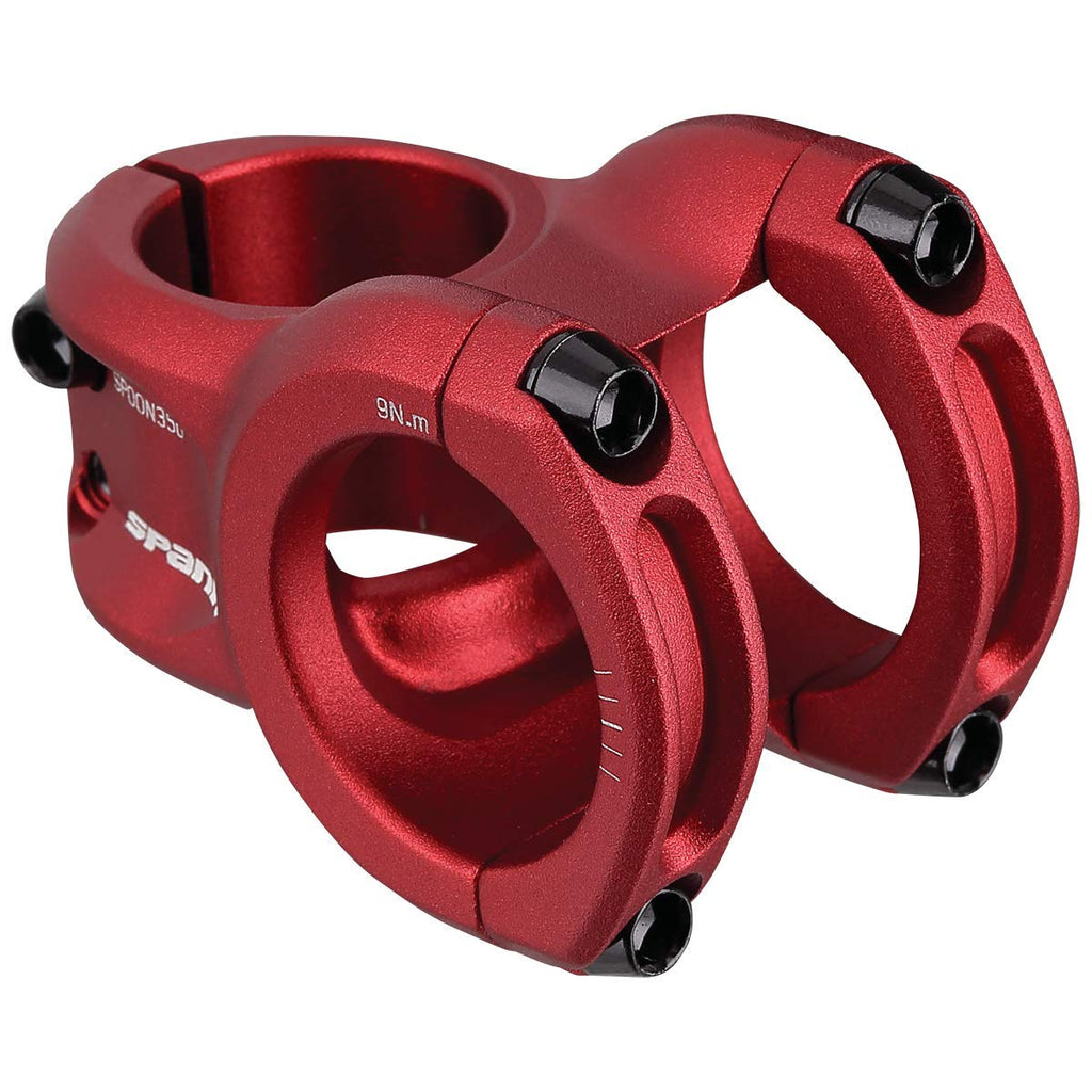 Spank Spoon 350 Stem,Red (Diameter 35Mm, Length: 35/43Mm, Rise: 0), Chamfered Bar Clamp, Ultra-Short Stack Height, Bicycle Stem,
