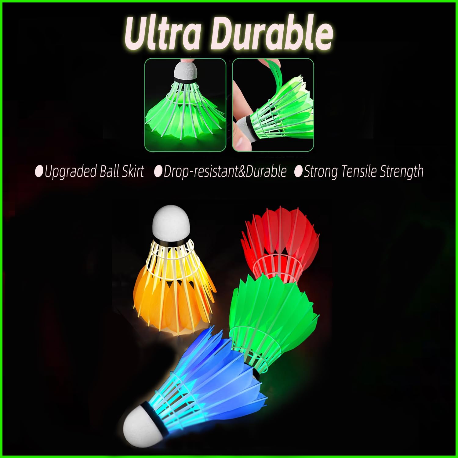 Zhenan Led Badminton Shuttlecocks Dark Night Glow Birdies Lighting For Outdoor & Indoor Sports Activities (Feather_4Pcs)
