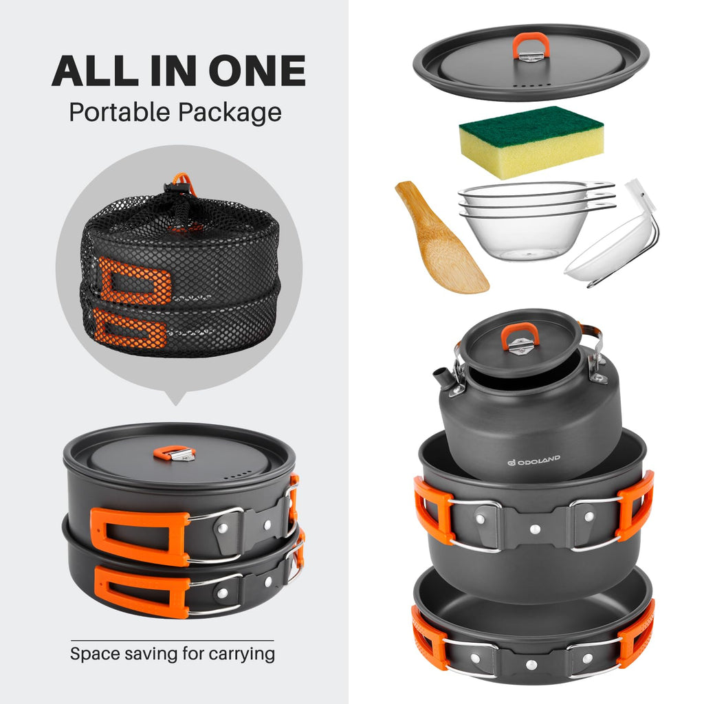 Odoland 10Pcs Camping Cookware Camping Pots And Pans Set With Kettle Plastic Bowls And Soup Spoon For Camping, Backpacking, Outd