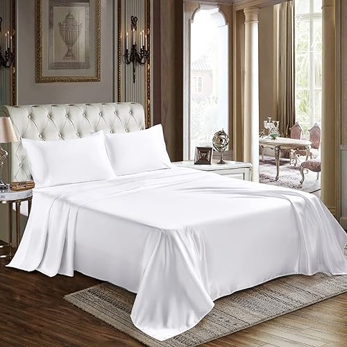 Cozylux Satin Sheets, Full Size Bed Sheets, Silky 4-Pcs Bedding Set, White Satin Sheets With 16 Inches Deep Pocket Fitted Sheet,