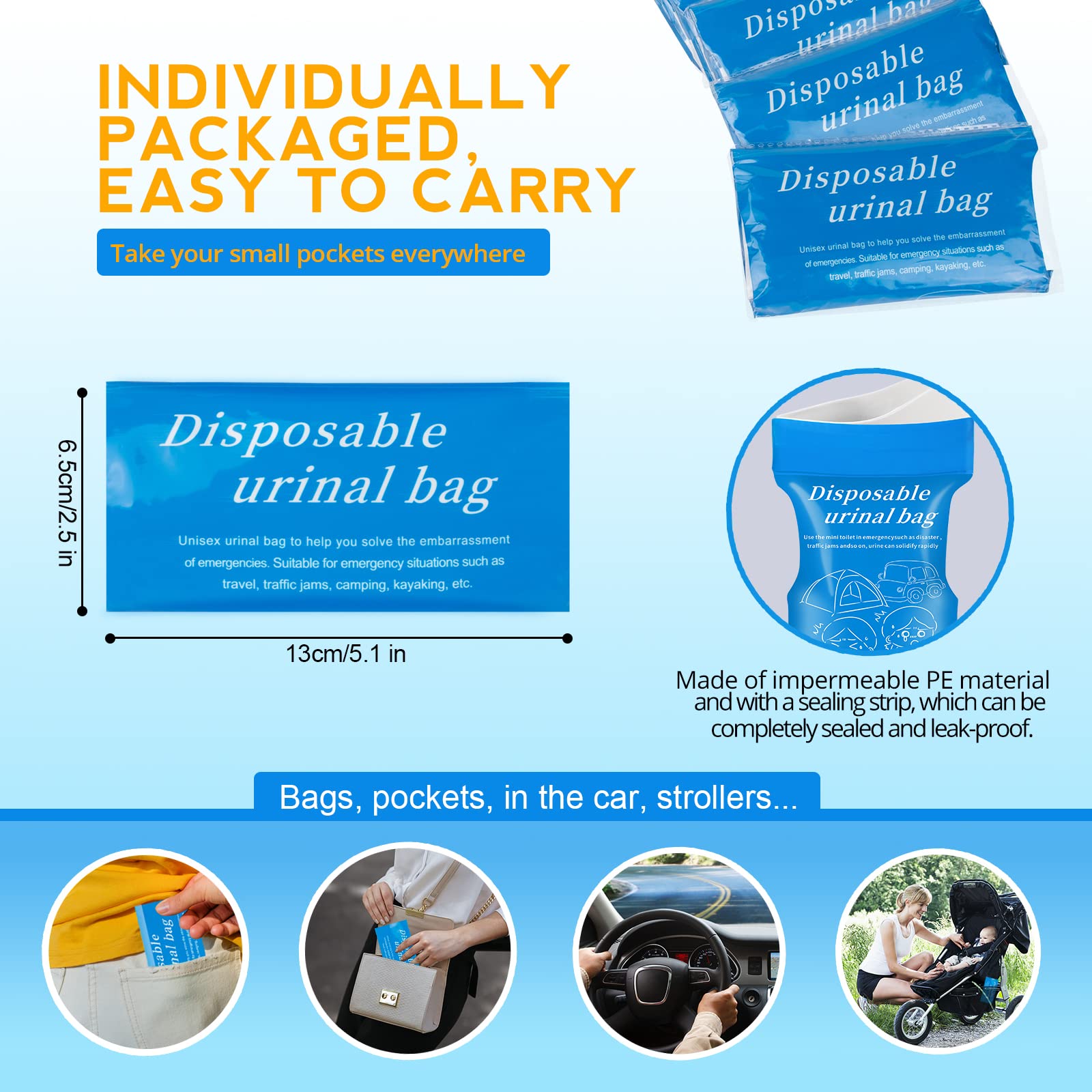 Moodooy Disposable Emergency Urinal Bag, 8 Pack Portable Camping Pee Bags, Travel Pee Bags, Traffic Jam Portable Urine Bag, Vomi