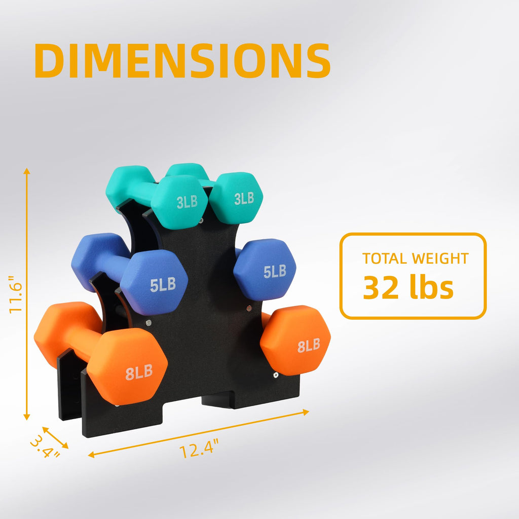 Fitvids Colored Neoprene Dumbbell Set with Rack, 32 LBS (3/5/8LB Pairs)