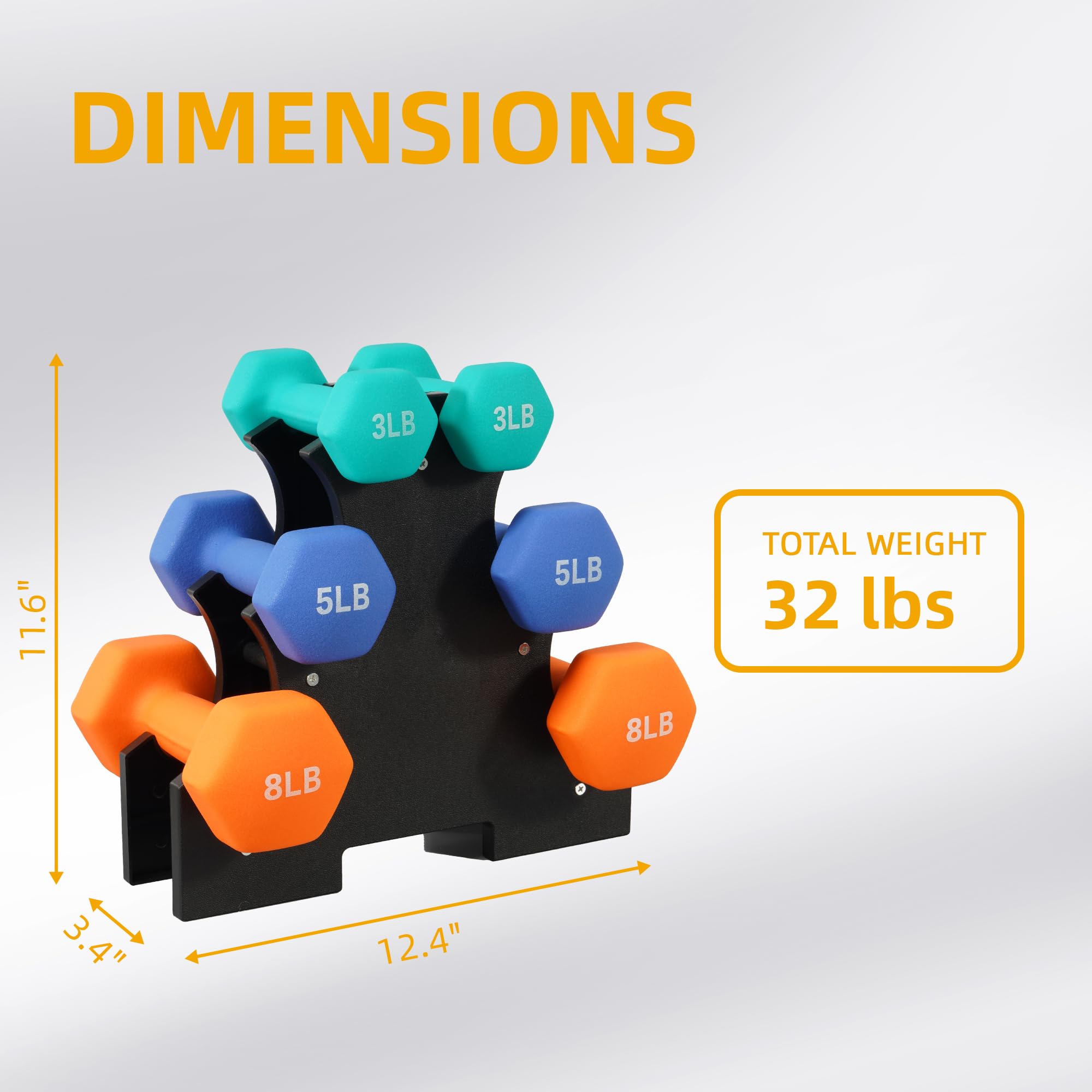 Fitvids Colored Neoprene Dumbbell Set with Rack, 32 LBS (3/5/8LB Pairs)